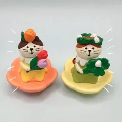デコレ　コンコンブル　フラワーにゃんこクローバー＆チューリップ＆お花の台座ペア