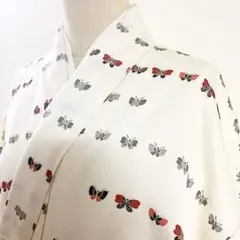 2m877 着物 正絹 袷 小紋 白 赤 グレー 黒 ピンク 蝶々柄 和装