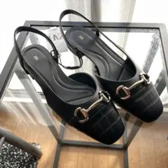 【新品】ZARA ディテール付きミュール ブラック ゴールド クロコ 切り替え
