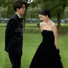 海外挙式　ブラックドレス　Aライン　前撮り　ベロア　二次会　結婚式　クラシック