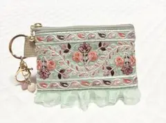 新作　人気　インド刺繍リボン　ポーチ　グリーン　オーロラ　ヌビ　韓国　フリル