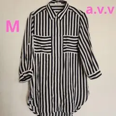 a.v.v 七分袖ブラウス　ネイビーとホワイトのストライプチュニック　M[美品]