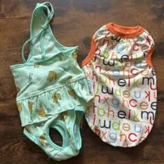 バナナ柄水着とカラフル文字柄ペット服セット 犬服 ドッグウェア
