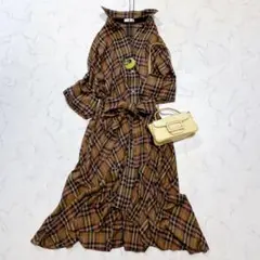 美品✨ケイシラハタ ロングワンピース 七分袖 ゆったり チェック柄 リボン F