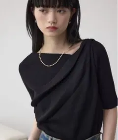ドレープデザイン5分袖リブニット　ブラック