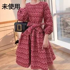タグ付✨️ ウエストマーク パフスリーブ ワンピース 赤系 マルチカラー 膝丈