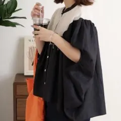 リネン バンドカラー プルオーバーブラウス　バイカラー　ノーカラー　新品タグ付き