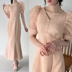 JUNOAH パワショルVネックマーメイドワンピース 半袖 ロング ピンク L