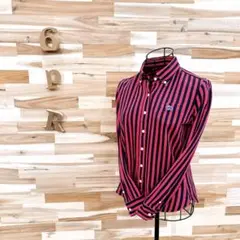 【パーリーゲイツ】ストライプ 刺繍ロゴ ラビット 長袖シャツ 綿 S 赤×黒