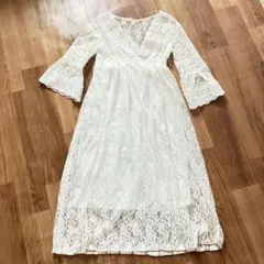 レース ホワイト ロングワンピース L