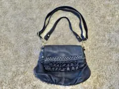 美品＊紺レザー フリル付き ハンドショルダーバッグ