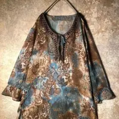 【ヴィンテージ】オーガンジー オリエンタルチュニック 茶 古着 ZBS6
