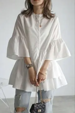 【美品】BONJOUR SAGAN アシメフリルシャツ ホワイト