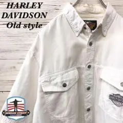 《希少》ハーレーダビッドソン☆半袖シャツ L 刺繍ロゴ ホワイト HS151