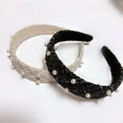 リュッカ　ツイード　パール　カチューシャ　ベージュ　黒　セット　ヘアアクセサリー