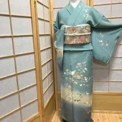 ［4431］訪問着 友禅作家 枝花 落款有 幅広サイズ 正絹 着物 袷