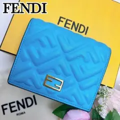 FENDI フェンディ 折り財布 ズッカ柄 カーフレザー ブルー 水色 金具ロゴ