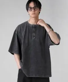 EPIC ヴィンテージ加工半袖ヘンリーネックTシャツ　ブラック系　M