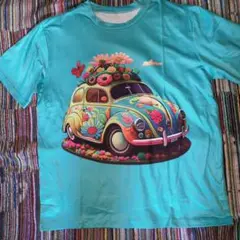 花柄車プリント 夏の色ターコイズ Tシャツご旅行で個性デザイン間違いなしLL