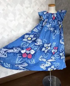 130〜140サイズ絞り浴衣　キッズワンピース　ハンドメイド　水色　改良版