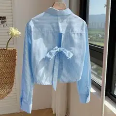 【2点目15%OFF!!】 SHEIN ストライプ柄 バックリボンシャツ