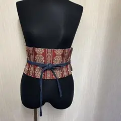 リメイク帯　サッシュベルト　赤×クラシック柄×デニムリバーシブル