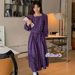 パフスリーブ チェック ロングワンピース スクエアネック 優しい レトロ 新品
