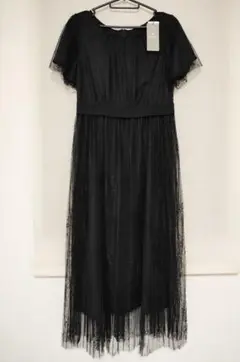 新品 ナノユニバース チュールプリーツワンピース 半袖 38 M ブラック