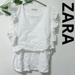 ZARA フリルノースリーブシャツ M ホワイト 白　カットソー