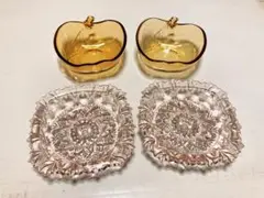 レトロ ガラス りんご リンゴ アンバー 琥珀 小鉢 ピンク レリーフ お皿