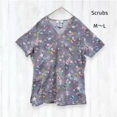 Scrubs 医療用スクラブ M〜L パープル 花柄 蝶 総柄デザイン 看護師