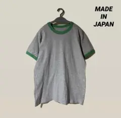 バインダーネック トリムTシャツ リンガーTシャツ 日本製 グリーン×グレー