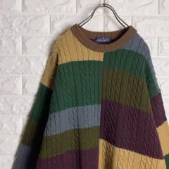 古着 マルチカラー ウール ケーブル ニット セーター L