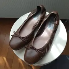 ファルファーレブラウンレザー バレエシューズ リボン付き