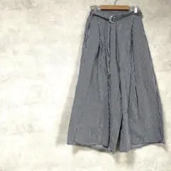 ワイドパンツ　綿100%　ストライプ　紺　白　ベルト付き　ゆったり　体型カバー
