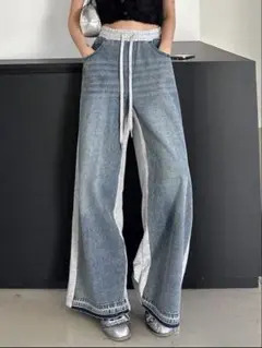 レディース デニム スエット切り替えデニム