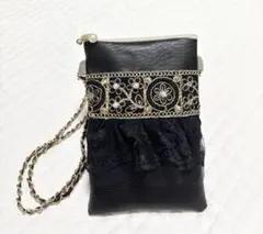 セール　ハンドメイド　ポシェット　スマホポーチ　ブラック　合皮　インド刺繍リボン