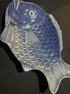 魚型 鯛 大皿 高台 有田焼 龍峰窯 染付 青白藍　大皿料理　直径最大約37㎝