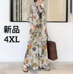 新品　花柄ロングシャツワンピース 春夏ワンピ　総柄インポート韓国4XLポケット付