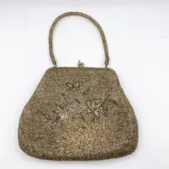 ビーズ刺繍バッグ　花柄　ハンドバッグ　グレー　和装小物　昭和レトロ　がま口