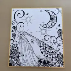 【現品限り】ペン画色紙　クジラ　　 ボールペン画