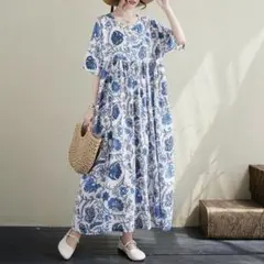 【新品】ロングワンピース フラワー ウエストギャザー エスニックワンピース
