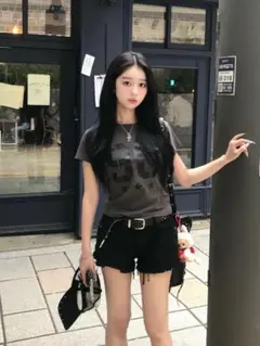 Y2K グランジ ナンバーロゴ モノトーン Tシャツ 半袖 韓国ストリート