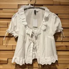 H&M フリル ブラウス レディース 白 半袖 トップス 完売 新品 ホワイト