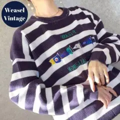 vintage ヴィンテージ レトロ古着 刺繍コットンニットセーター ボーダー紫