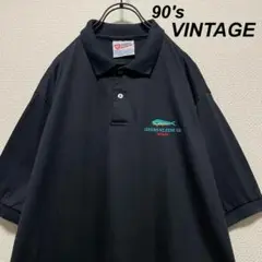 90's ヘインズ ヴィンテージ ポロシャツ ブラック ワンポイント刺繍 XL