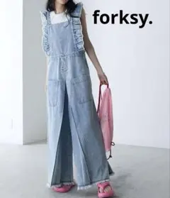 ✨美品❤️✨forksy. デニムフリルワイドサロペット　つなぎ　ワイドパンツ