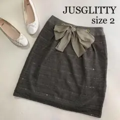 JUSGLITTY レース ウエストリボン スパンコール スカート カーキ