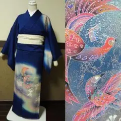 濃いブルーに鳳凰 付け下げ訪問着