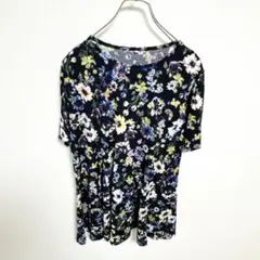 【腰丈カットソー チュニック】LLサイズ 紺色 花柄 半袖Tシャツ KU537